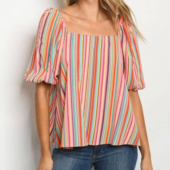 Trend Setter Diva Boutique Tops - PINK RAINBOW STRIPE PUFF SLEEVE TOP